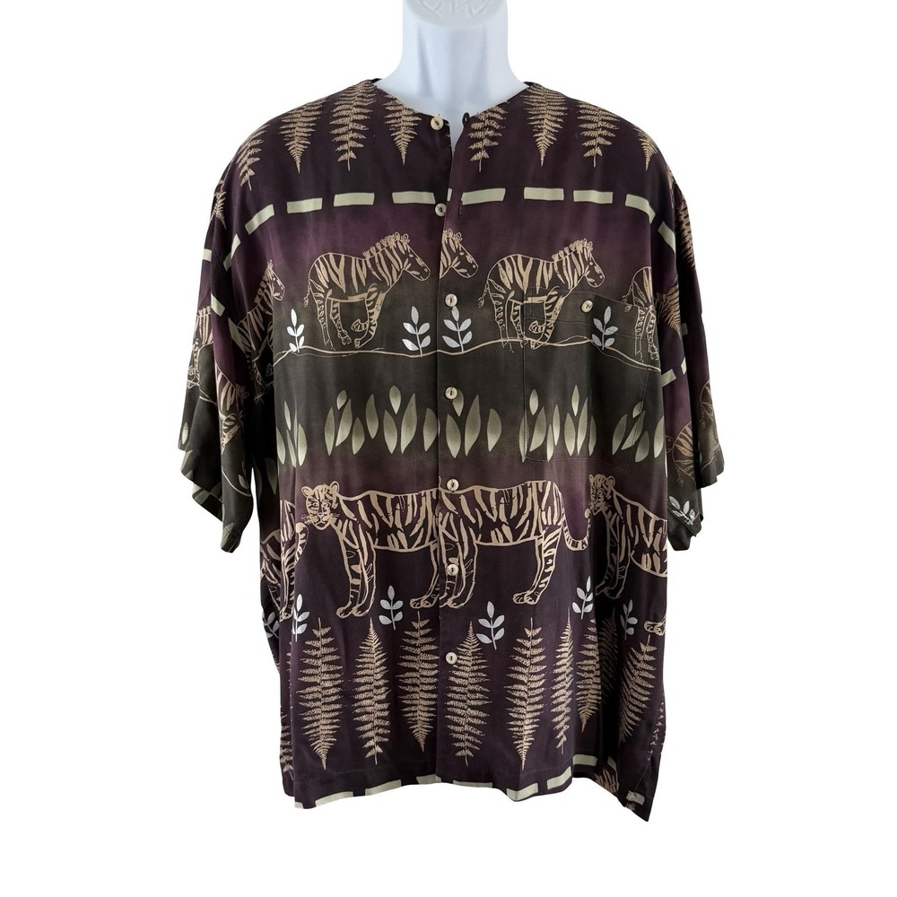 Vintage Burma Bibas Shirt Mens XL Brown Zebra Tiger Safari Button Front Twill
